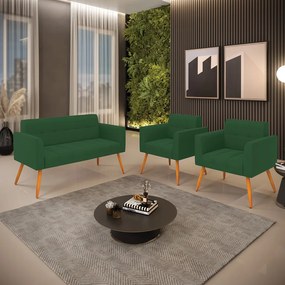 Kit 1 Sofá Namoradeira e 2 Poltronas Elisa Veludo Verde Pés Palito Castanho - D'Rossi