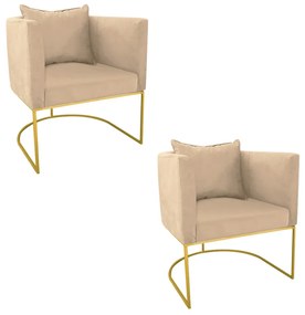 Kit 02 Poltronas Paola Suede Base Metálica Dourado D03 - D'Rossi  - Bege