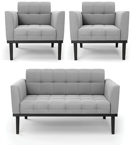 Conjunto 2 Poltronas e 1 Namoradeira Decorativa Karen Pés Fixo em Madeira Preto Suede Cinza G19 - Gran Belo