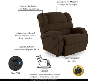 Poltrona do Papai Sala de Cinema Reclinável Kylie Glider Manual Giratória USB Veludo Marrom G23