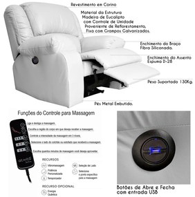 Poltrona do Papai Reclinável Elétrica com Massagem e USB Magnum PU Sintético Branco G23 - Gran Belo