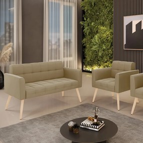 Kit 1 Sofá Namoradeira e 1 Poltrona Elisa Suede Marrom Rato Pés Palito Natural - D'Rossi