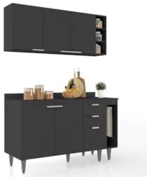 Armário de Cozinha Com Tampo CP08 140cm Pérola Preto Z34      - Mpozen
