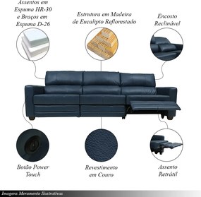 Sofá Sala de Cinema Elétrico Maldivas Reclinável Retrátil 4 Lugares 281cm Couro Azul Marinho Brilho G40 - Gran Belo