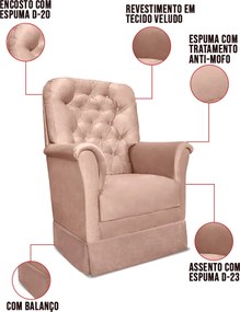Poltrona de Amamentação com Balanço e Puff Angelin Veludo P02 - D'Rossi - Rose