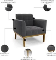 Poltrona Sala Base Madeira Castanho Kit 2 Ana Bouclé Grafite - Ibiza