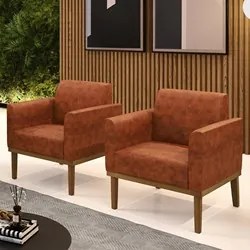 Poltrona Base Madeira Castanho Kit 2 Maressa Sintético PU Nozes - Ibiz