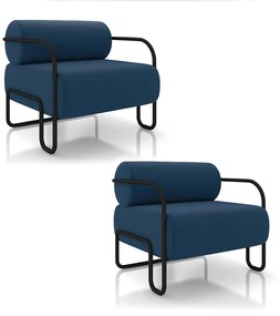 Poltrona Sala de Estar Industrial Preto Kit 2 Ameli Veludo K01 - D'Rossi - Azul Marinho