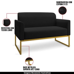 Poltrona Namoradeira Decorativa Isabella Base Industrial Linho Preto/Dourado G19 - Gran Belo