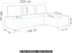 Sofá 3 Lugares Com Chaise 222cm Rovier Sintético Caramelo Z32 - Mpozen
