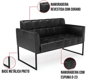 Kit 1 Sofá Namoradeira e 1 Poltrona Elisa Corano Base Metálica Industrial Preto D03 - D'Rossi - Preto