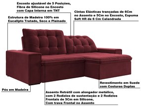 Sofá Retrátil 274 cm Sala de Estar Gabi Suede Bordô G52 - Gran Belo