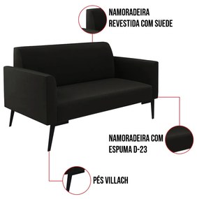 Sofá Namoradeira com 2 Poltronas Pés Villach Marisa Suede D03 - D'Rossi - Preto