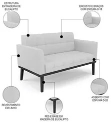 Sofá Namoradeira e 2 Poltronas Base Madeira Preto Ana Linho Cinza - Ib
