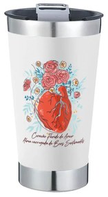 Copo Térmico Coração Florido de Amor Cerveja Café em Inox Com Tampa e Abridor Chopp