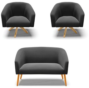 Namoradeira e 2 Poltronas Giratória MA30 Stella Suede Preto D03 - D'Rossi