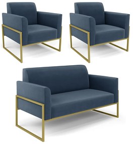 Sofá Namoradeira com 2 Poltronas Base Industrial Alta Dourado Marisa Suede D03 - D'Rossi - Azul Marinho