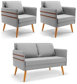 Kit 01 Namoradeira 02 Lugares e 02 Poltronas Mari Suede Cinza Pés Palito Castanho - D'Rossi