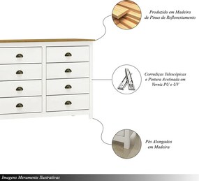 Cômoda Decorativa 8 Gavetas Madeira Maciça Osiris Branco/Freijó - G74 - Gran Belo