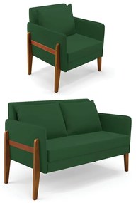 Kit 1 Sofá Namoradeira e 1 Poltrona Lana Veludo Base de Madeira - D'Rossi - Verde
