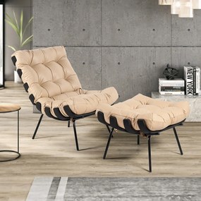 Puff Decorativo Sala de Estar Costela Base Preta Couro Bege G34 - Gran Belo