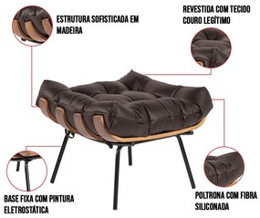 Puff Costela Couro Marrom Base Metálica Preto - D'Rossi
