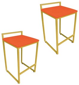 Conjunto 02 Banquetas Pietra Suede Base Dourado - Laranja