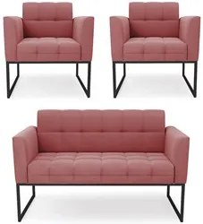 Sofá Namoradeira e 2 Poltronas Base Industrial Preto Ana Suede Rosê -