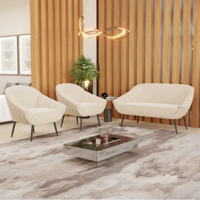 Kit 01 Namoradeira 02 Lugares e 02 Poltronas Giovana Suede Pés Palito De Ferro D01 - D?Rossi - Bege