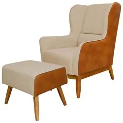 Poltrona Decorativa Base Madeira Milena e Puff Viseo C-129 Linho Bege