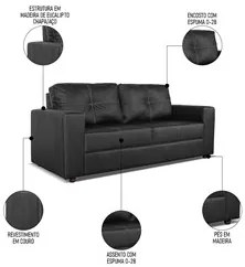 Sofá Living 2 Lugares para Sala de Estar 160cm Licci L07 Couro Preto -