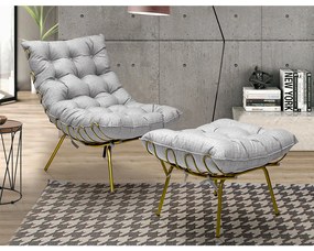 Puff Decorativo Sala de Estar Abel Pés Dourado Linho Cinza Claro G41 - Gran Belo