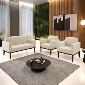 Sofá Namoradeira com 2 Poltronas Base de Madeira Fixa Preto Marisa Suede  D03 - D'Rossi - Bege
