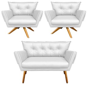 Kit 01 Namoradeira E 02 Poltronas Giratória Anitta Corino Base Madeira MA30 D03 - D'Rossi - Branco