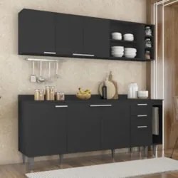 Armário de Cozinha Com Tampo CP11 200cm Pérola Preto Z34 - Mpozen