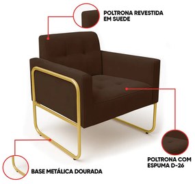 Poltrona Sala Industrial Alta Tubo Dourado Elisa Suede D03 - D'Rossi - Marrom