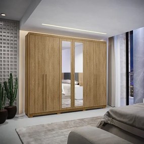 Guarda Roupa Com Espelho Dubai Majestic 6 Portas e 3 Gavetas Nature - Vila Rica Móveis