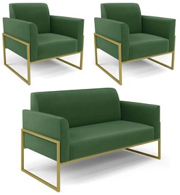 Sofá Namoradeira com 2 Poltronas Base Industrial Alta Dourado Marisa Suede D03 - D'Rossi - Verde
