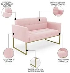 Sofá Namoradeira e 2 Poltronas Base Industrial Dourado Ana Suede Rosa