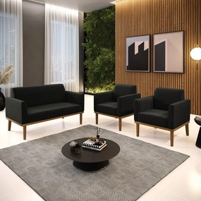 Conjunto 2 Poltronas e 1 Namoradeira Decorativa Isabella Pés Fixo em Madeira Castanho Suede Preto G19 - Gran Belo