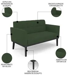 Sofá Namoradeira Base Madeira Preto Ana Veludo Verde - Ibiza