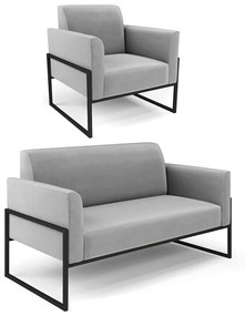 Sofá Namoradeira com Poltrona Base Industrial Alta Preto Marisa Suede D03 - DRossi - Cinza