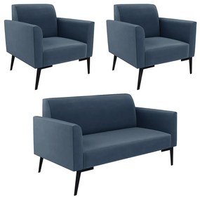 Sofá Namoradeira com 2 Poltronas Pés Villach Marisa Suede D03 - D'Rossi - Azul Marinho