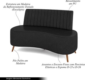 Sofá Living Decorativo 2 Lugares 1,35M Katara Preto Corino G33 - Gran Belo