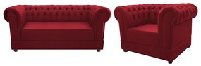 Kit Poltrona e Namoradeira Chesterfield Ana Suede Vermelho - ADJ Decor