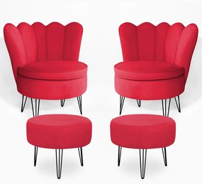 Conjunto 2 Poltrona Dália com 2 Puff Chloe Pés Hairpin Legs Preto Veludo Vermelho