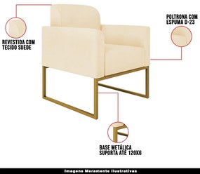 Kit 2 Poltronas Decorativas Isabella Base Industrial Suede Bege/Dourado G19