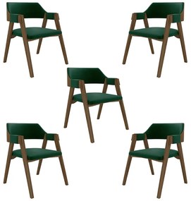 Kit 5 Cadeiras Sala de Jantar e Jogos Carteados Madeira Maciça Poker Veludo Verde/Nogueira G42 - Gran Belo