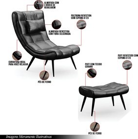 Conjunto Poltrona e Puff Decorativo Sala de Estar Pés Palito Letty PU Preto G19 - Gran Belo