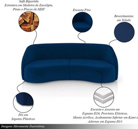 Sofá Decorativo Sala de Estar Bipartido 288cm Clarke Veludo Azul G45 - Gran Belo